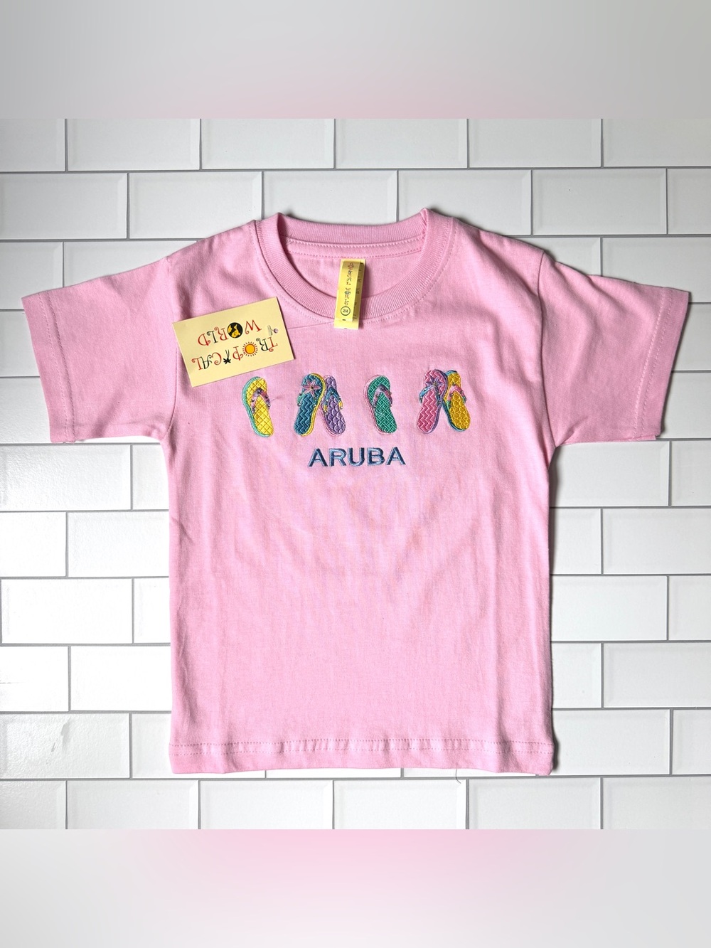 3T🩴 NWT Pink Aruba Flip-Flop Graphic Kids Embroidered T-Shirt